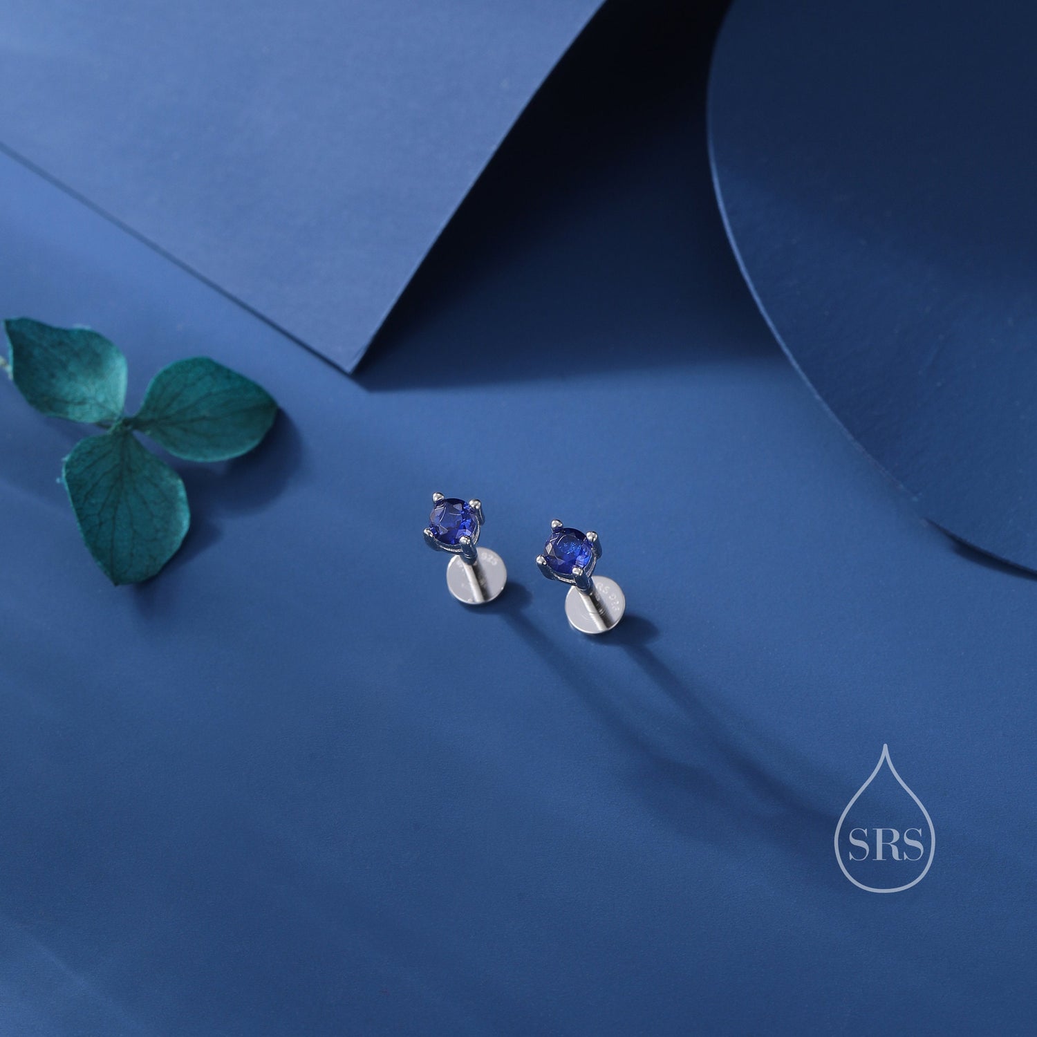 Sapphire Blue CZ 16G Internally Threaded Flat Back Earrings in Sterling Silver