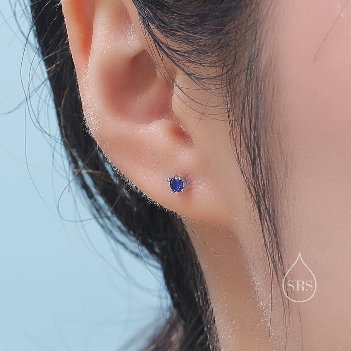 Sapphire Blue CZ 16G Internally Threaded Flat Back Earrings in Sterling Silver