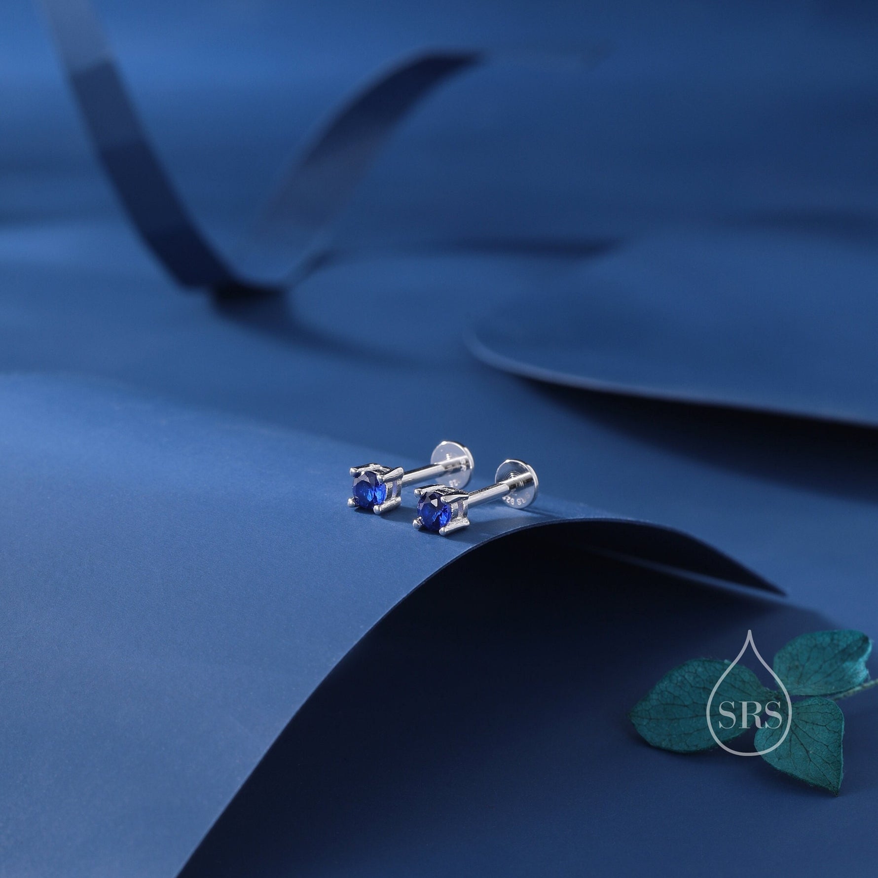 Sapphire Blue CZ 16G Internally Threaded Flat Back Earrings in Sterling Silver