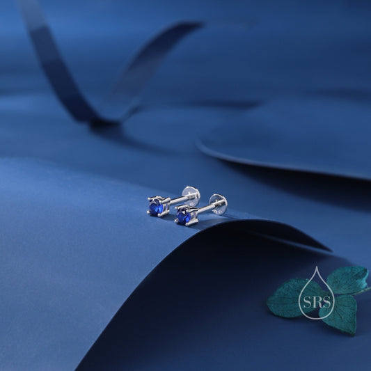 Sapphire Blue CZ Internally Threaded Flat Back / Screw Back Earrings in Sterling Silver, Silver or Gold