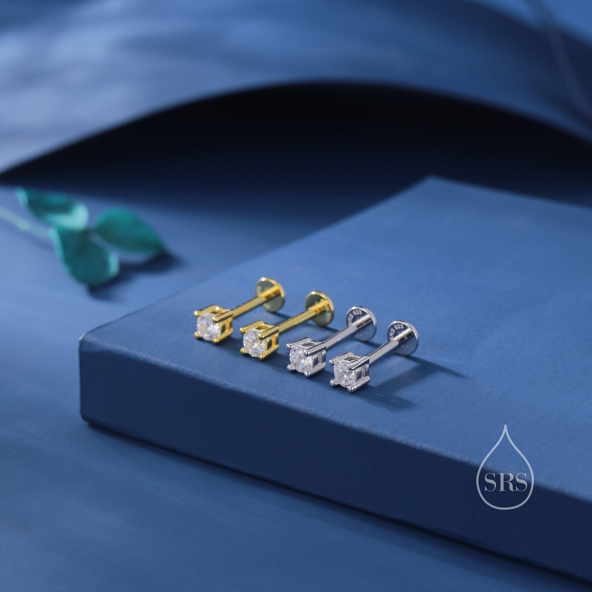 Four Prong CZ Screw Back / Flat Back / Stud Earrings in Sterling Silver, 3mm CZ, CZ Barbell Earrings, Silver or Gold