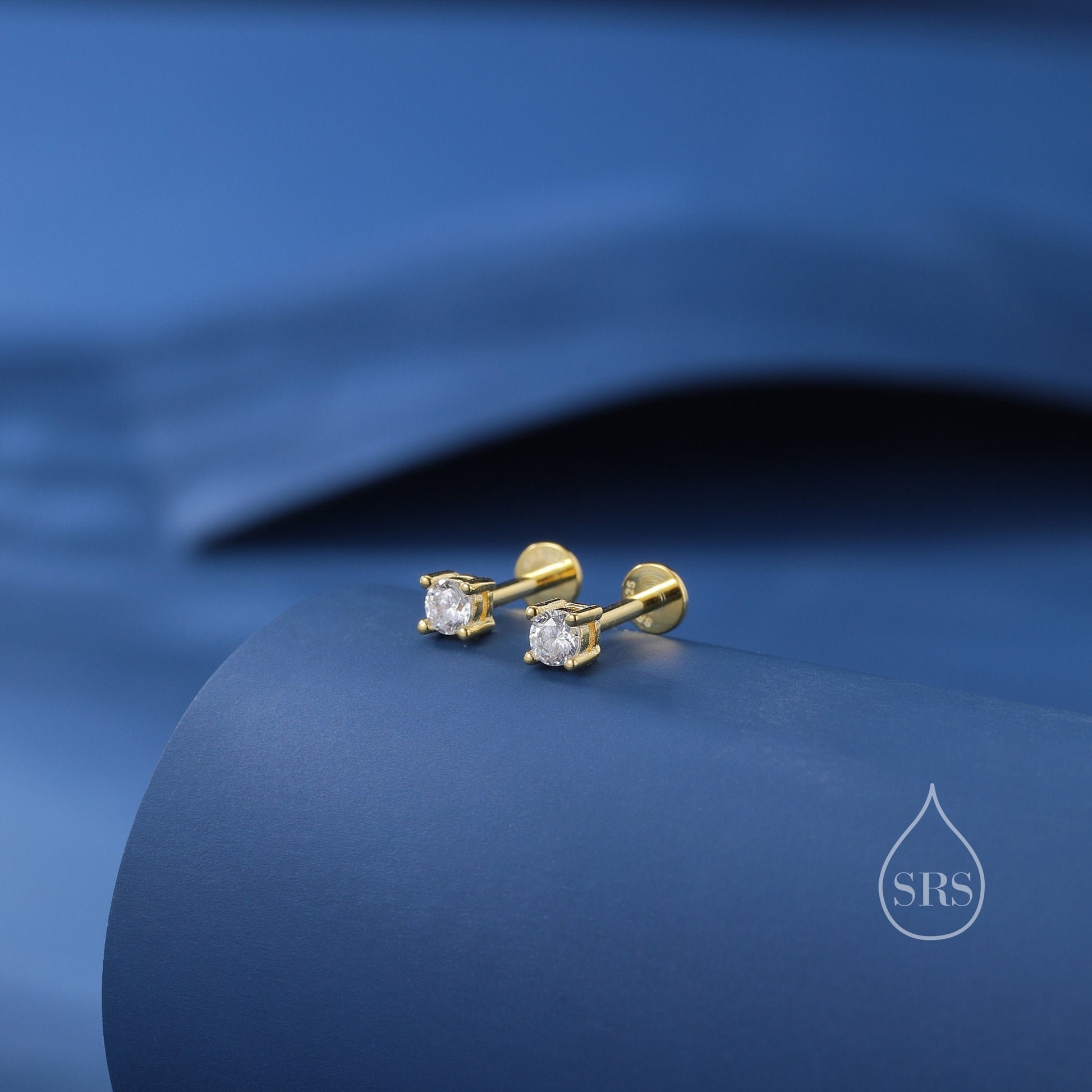 Four Prong CZ Internally Threaded Flat Back / Screw Back Earrings in Sterling Silver, 4mm CZ, CZ Barbell Earrings, Silver or Gold