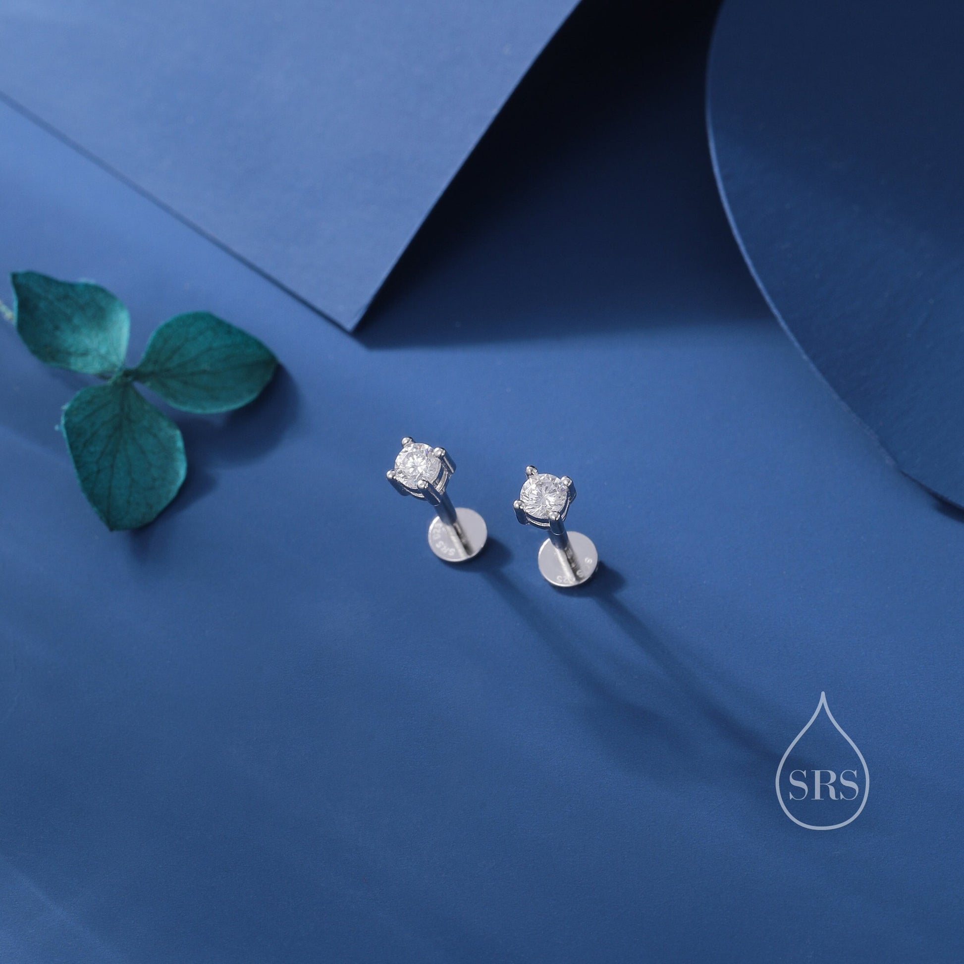 Four Prong CZ Internally Threaded Flat Back / Screw Back Earrings in Sterling Silver, 4mm CZ, CZ Barbell Earrings, Silver or Gold