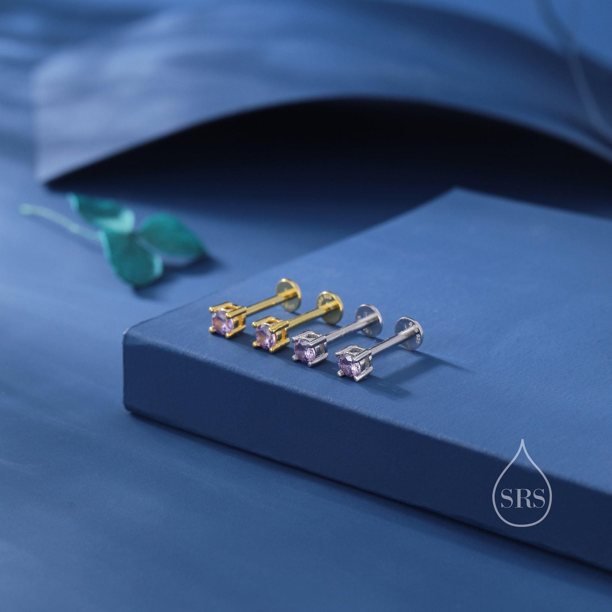 Amethyst Purple CZ Internally Threaded Flat Back / Screw Back Earrings in Sterling Silver, 4mm CZ, CZ Barbell Earrings, Silver or Gold