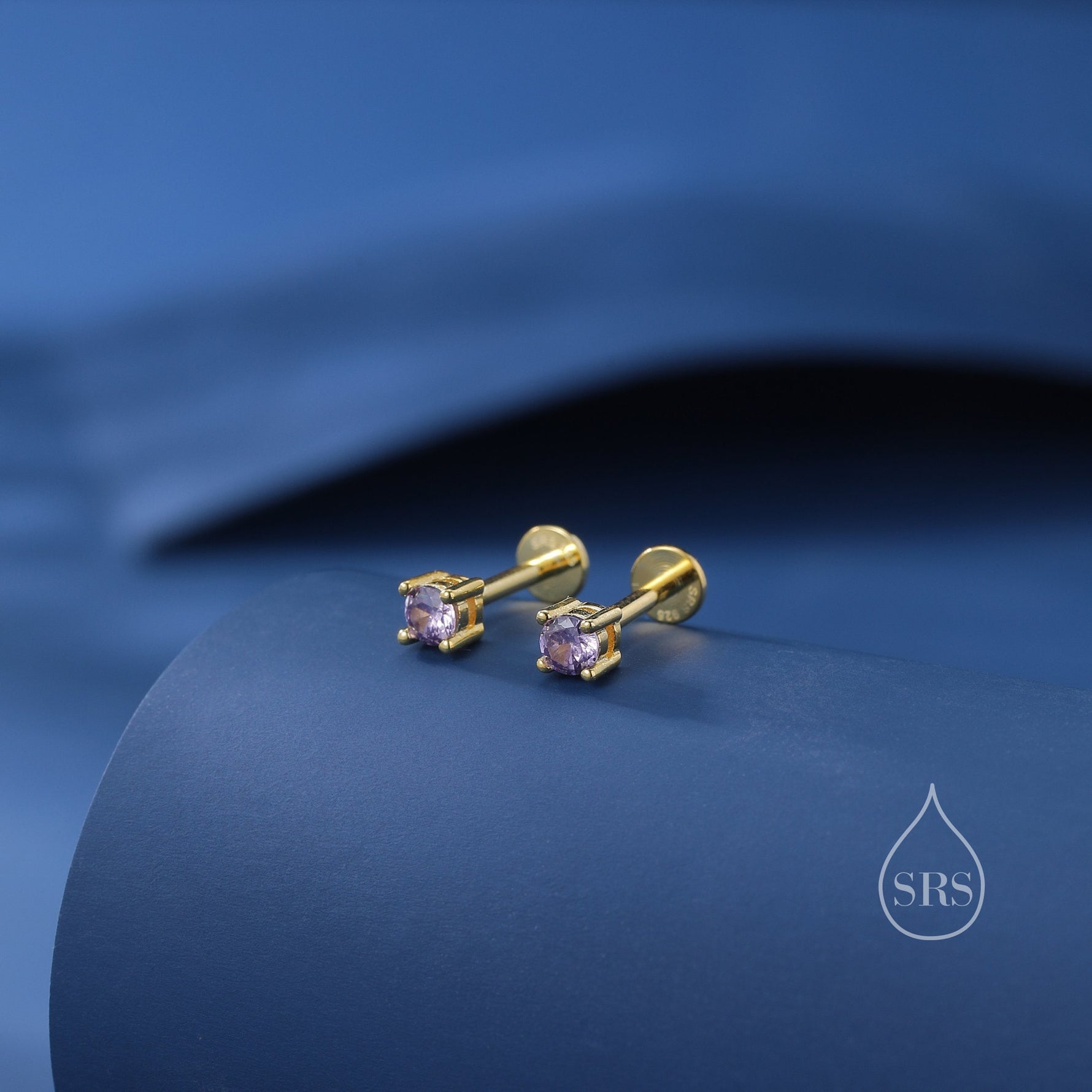 Amethyst Purple CZ Internally Threaded Flat Back / Screw Back / Stud Earrings in Sterling Silver, 3mm CZ Barbell Earrings, Silver or Gold