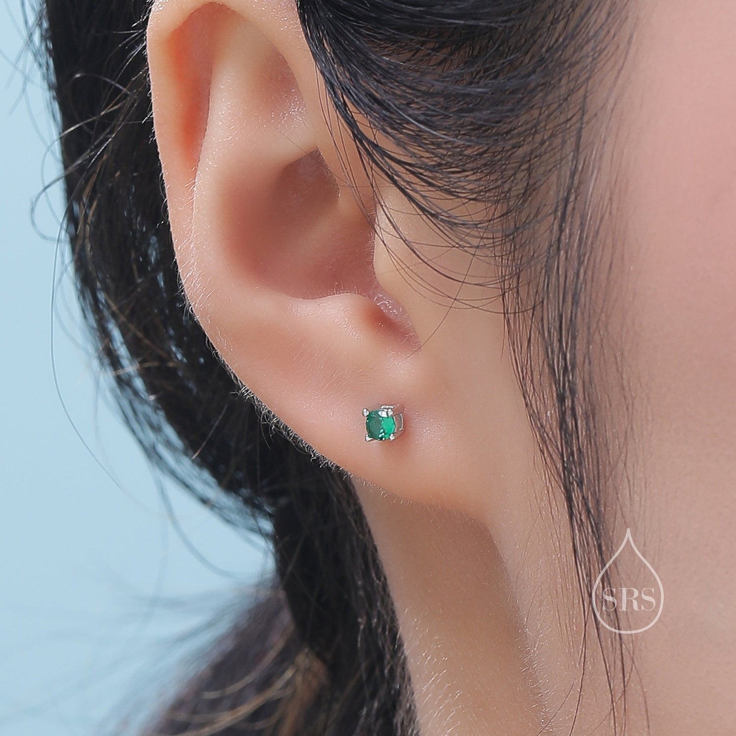Emerald Green CZ 16G Internally Threaded Flat Back Earrings in Sterling Silver
