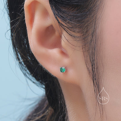 Emerald Green CZ Internally Threaded Flat Back / Screw Back Earrings in Sterling Silver, 4mm CZ, CZ Barbell Earrings, Silver or Gold