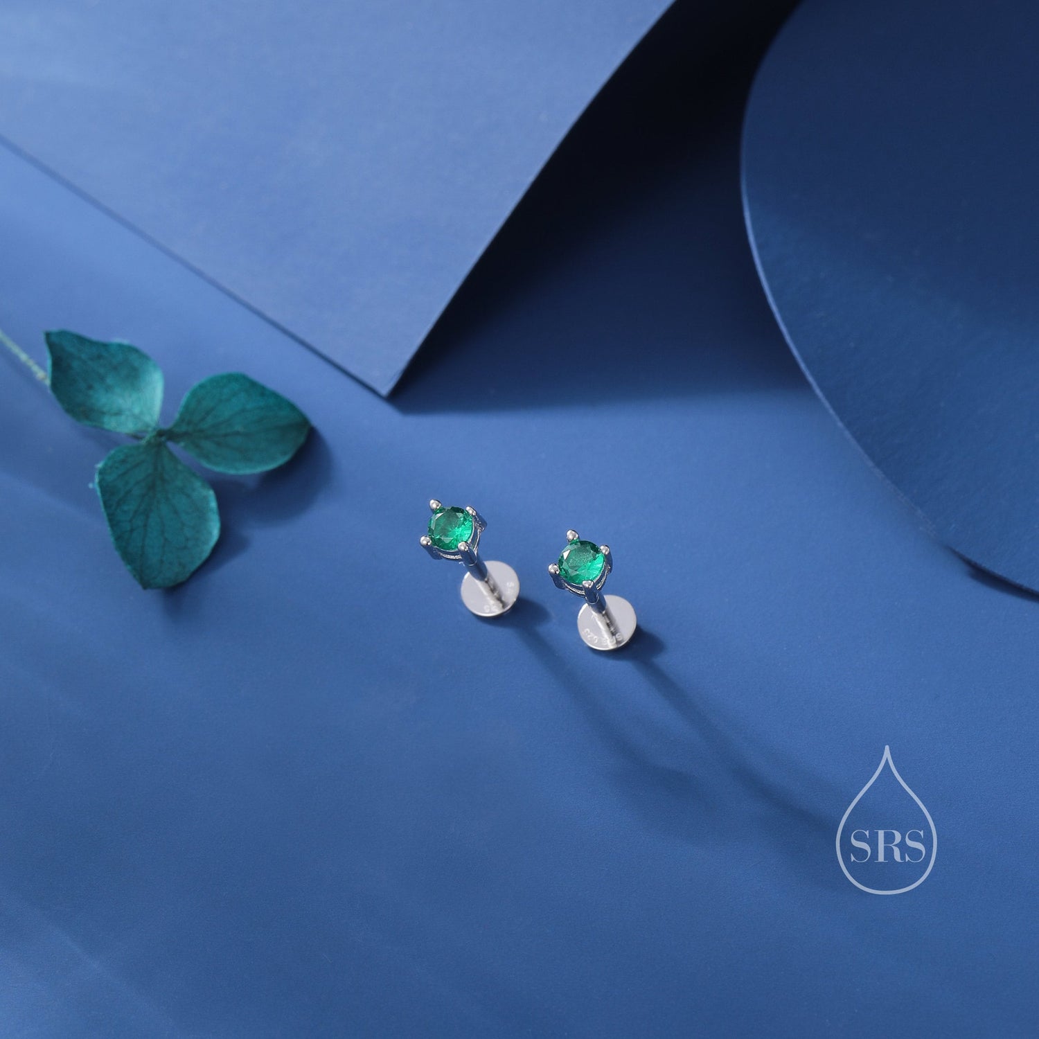 Emerald Green CZ 16G Internally Threaded Flat Back Earrings in Sterling Silver