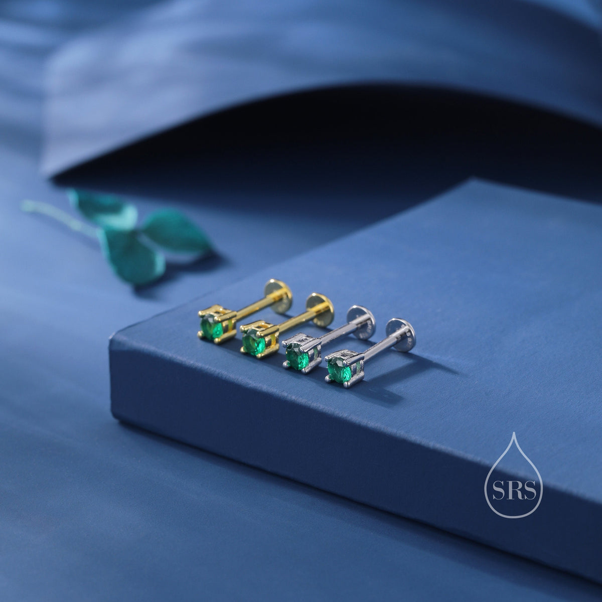 Emerald Green CZ Internally Threaded Flat Back / Screw Back /Stud Earrings in Sterling Silver, 4mm CZ, CZ Barbell Earrings, Silver or Gold