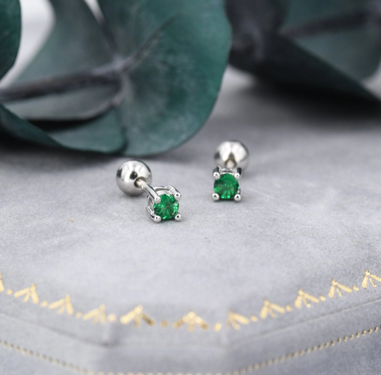 Emerald Green CZ Internally Threaded Flat Back / Screw Back Earrings in Sterling Silver, 4mm CZ, CZ Barbell Earrings, Silver or Gold