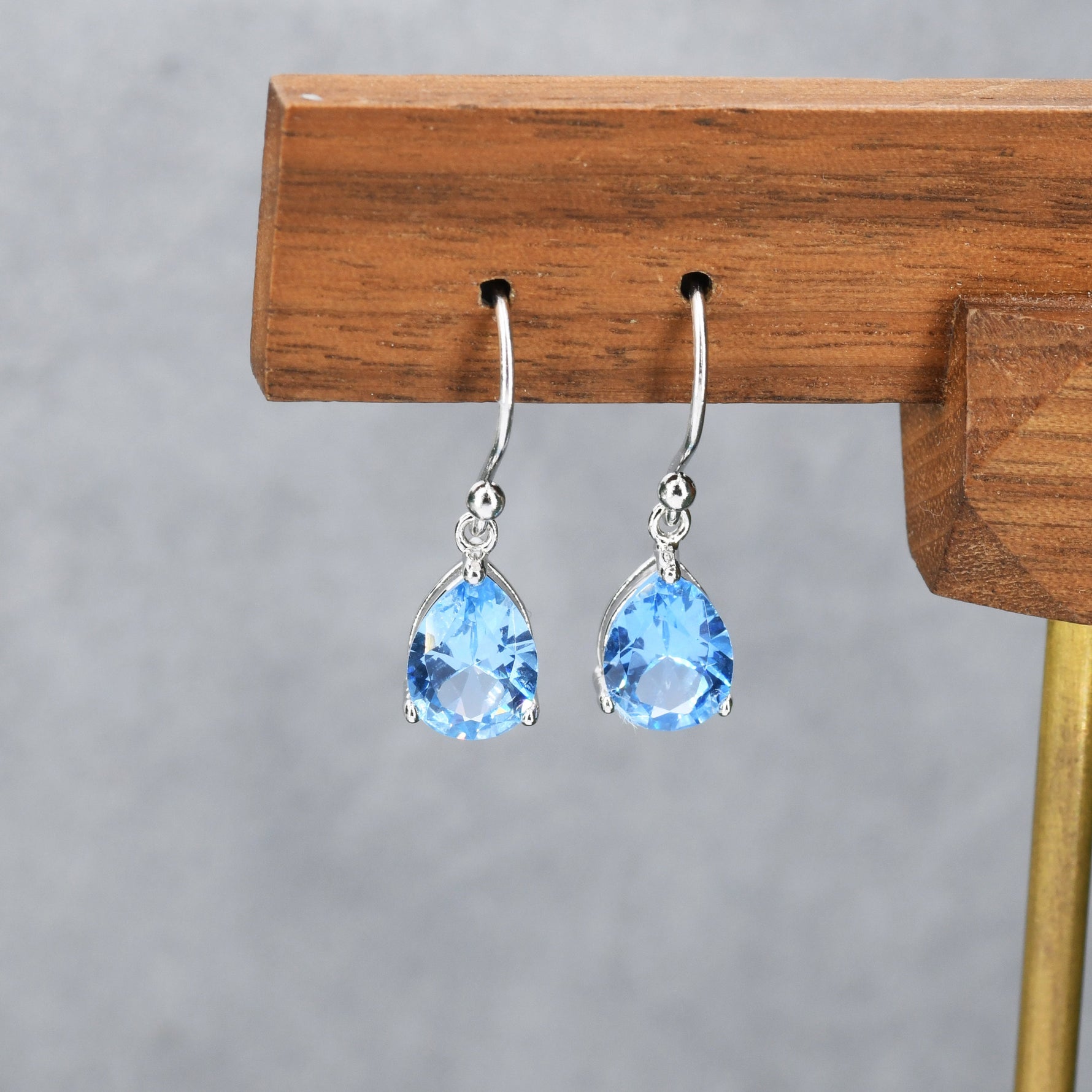 Sterling Silver Topaz Blue CZ Droplet Drop Earrings in Sterling Silver, Silver or Gold, Pear Shape 6x8mm Cubic Zirconia Hook Earrings