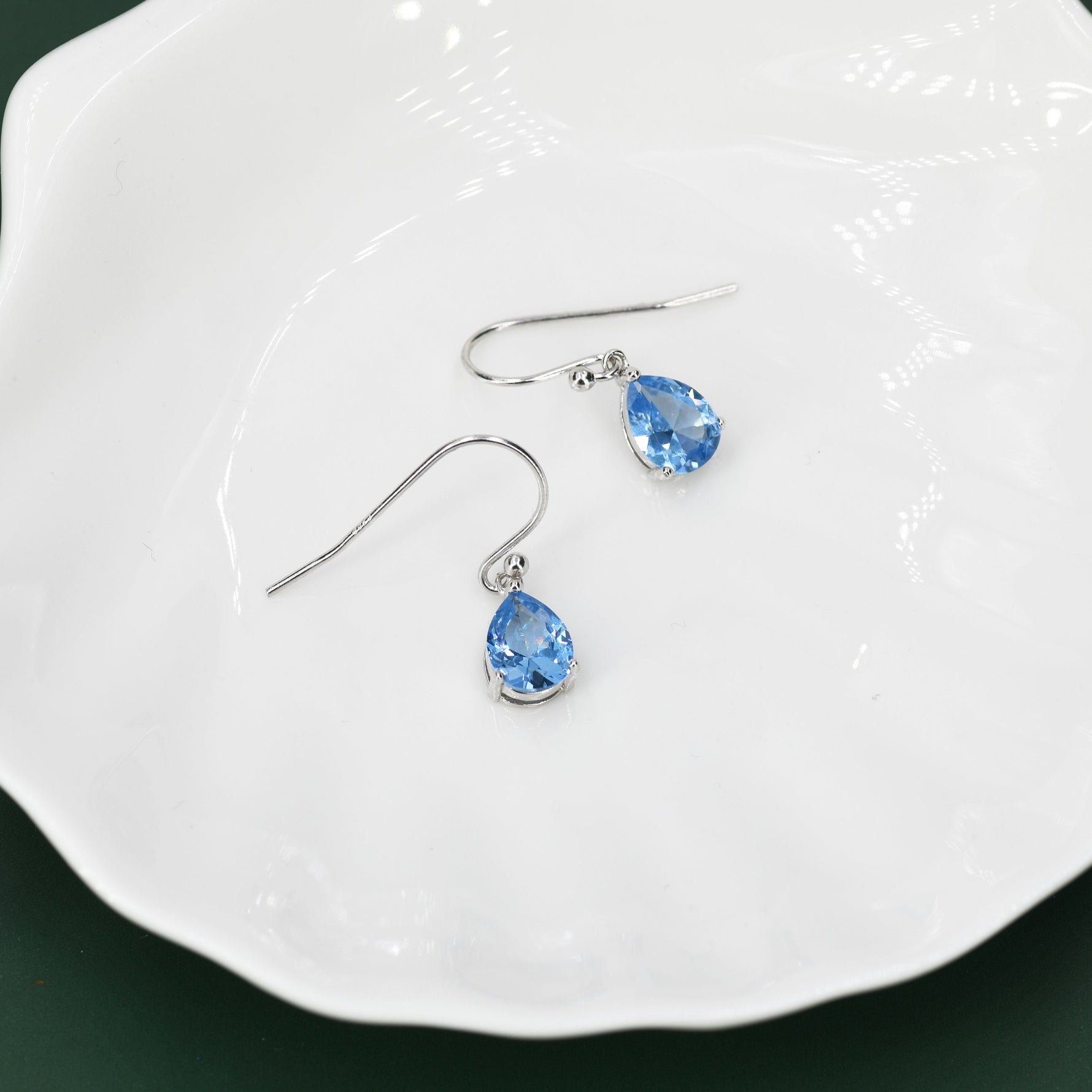 Sterling Silver Topaz Blue CZ Droplet Drop Earrings in Sterling Silver, Silver or Gold, Pear Shape 6x8mm Cubic Zirconia Hook Earrings