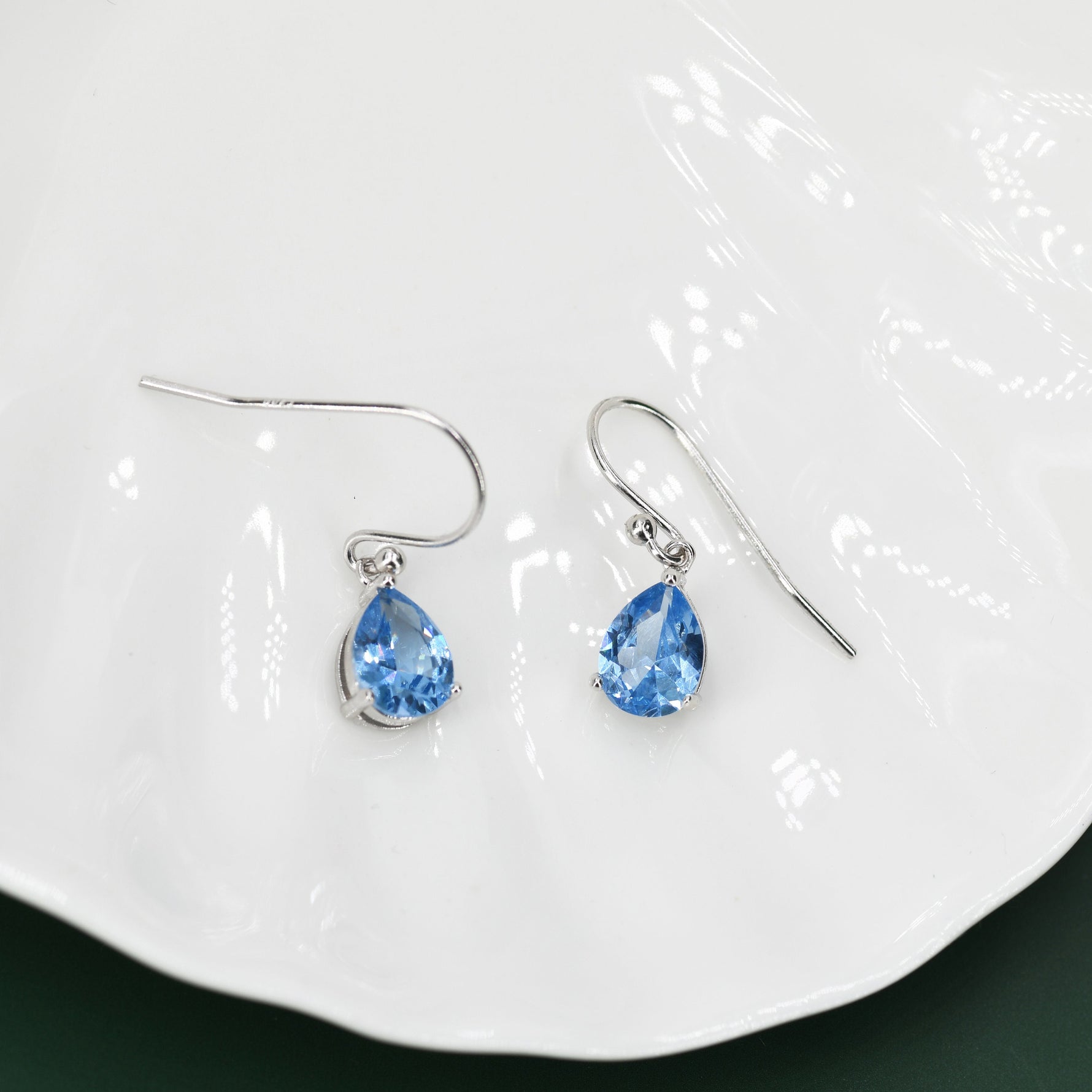 Sterling Silver Topaz Blue CZ Droplet Drop Earrings in Sterling Silver, Silver or Gold, Pear Shape 6x8mm Cubic Zirconia Hook Earrings