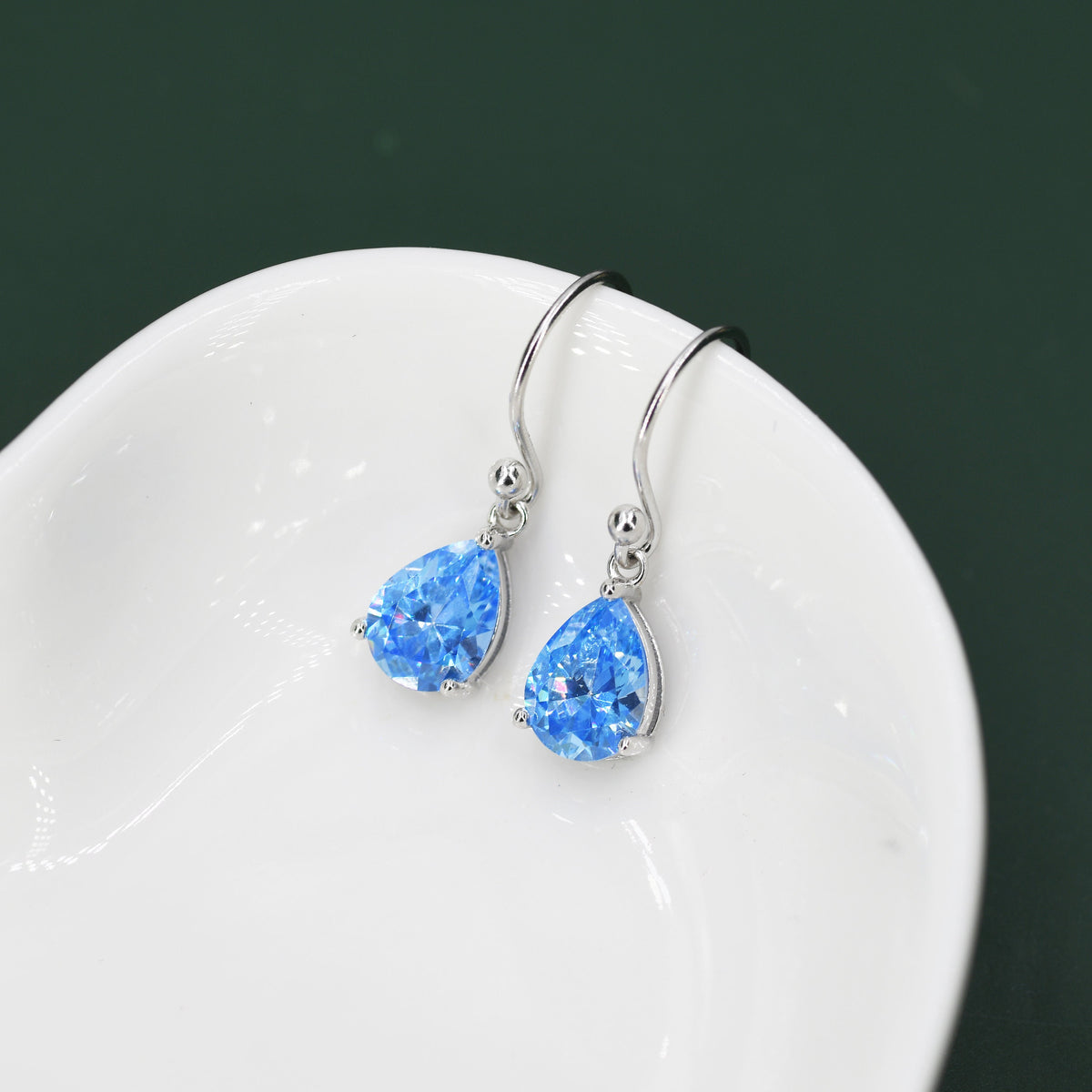 Sterling Silver Ocean Blue CZ Droplet Drop Earrings in Sterling Silver, Silver or Gold,Pear Shape 6x8mm Cubic Zirconia Hook Earrings
