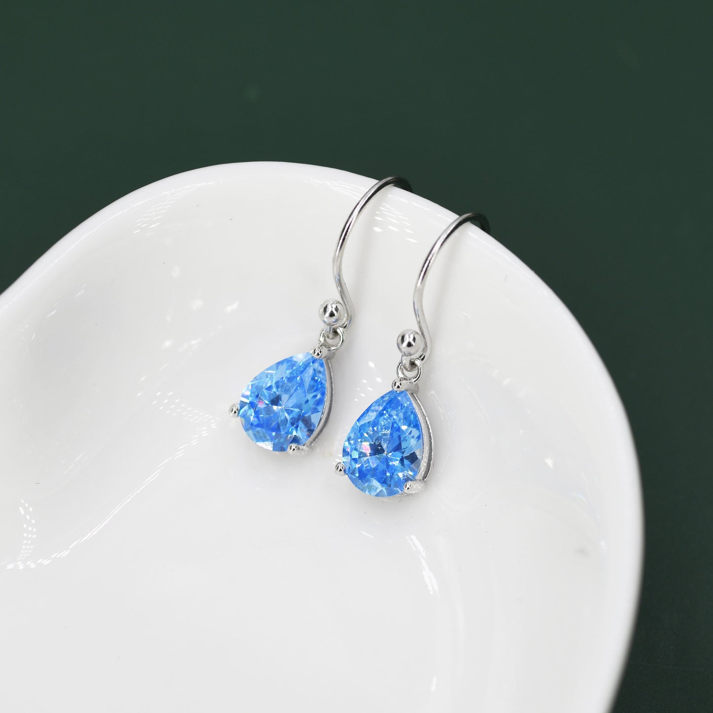 Sterling Silver Ocean Blue CZ Droplet Drop Earrings in Sterling Silver, Pear Shape 6x8mm Cubic Zirconia Hook Earrings
