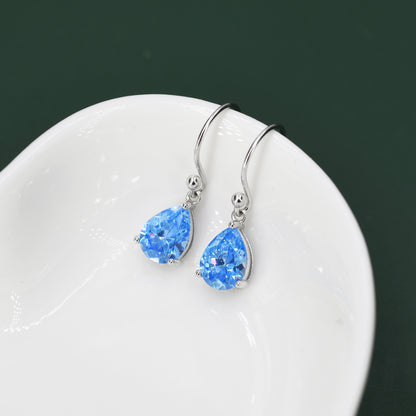 Sterling Silver Ocean Blue CZ Droplet Drop Earrings in Sterling Silver, Pear Shape 6x8mm Cubic Zirconia Hook Earrings