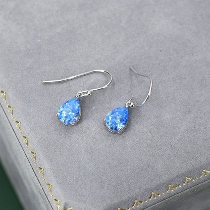 Sterling Silver Ocean Blue CZ Droplet Drop Earrings in Sterling Silver, Pear Shape 6x8mm Cubic Zirconia Hook Earrings