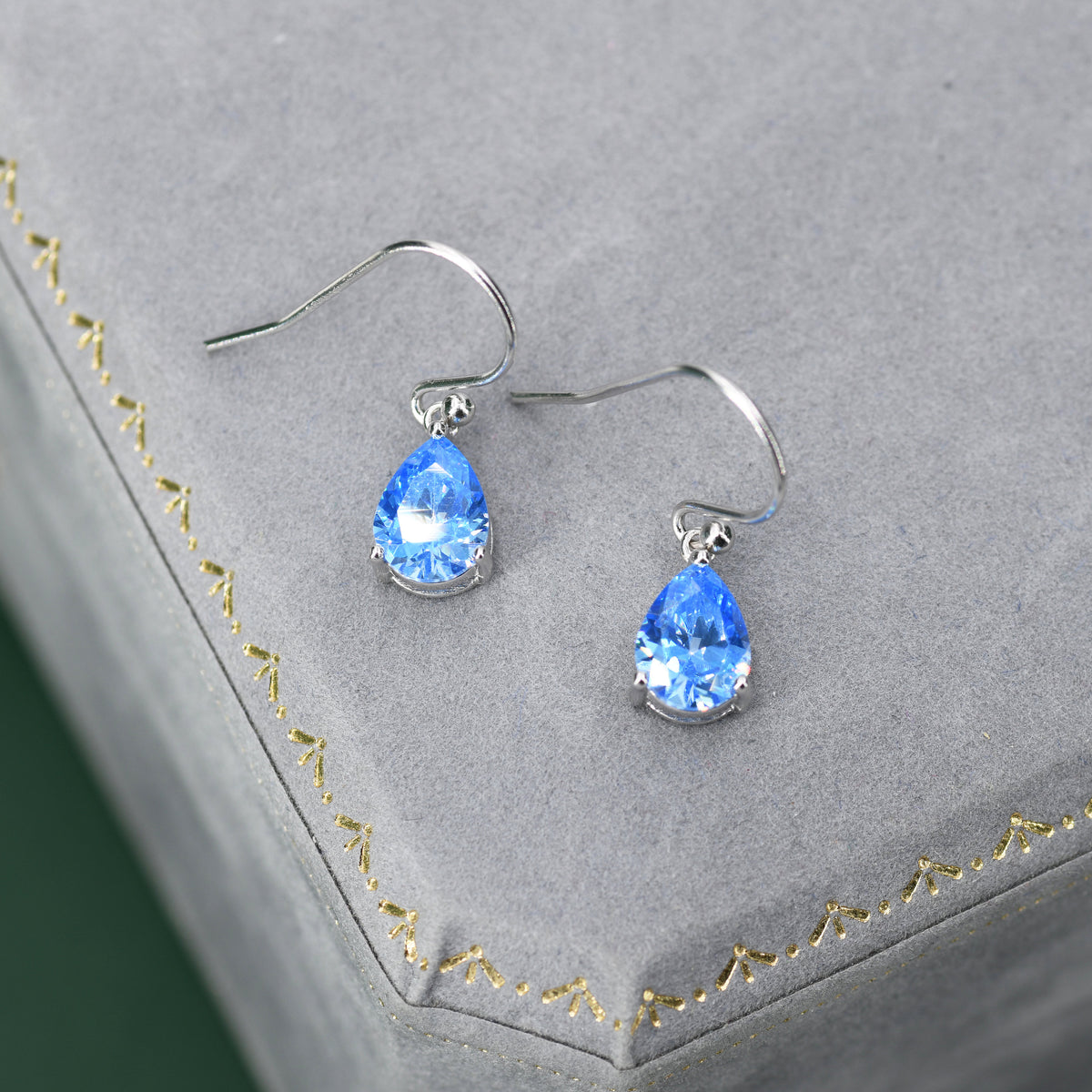 Sterling Silver Ocean Blue CZ Droplet Drop Earrings in Sterling Silver, Silver or Gold,Pear Shape 6x8mm Cubic Zirconia Hook Earrings
