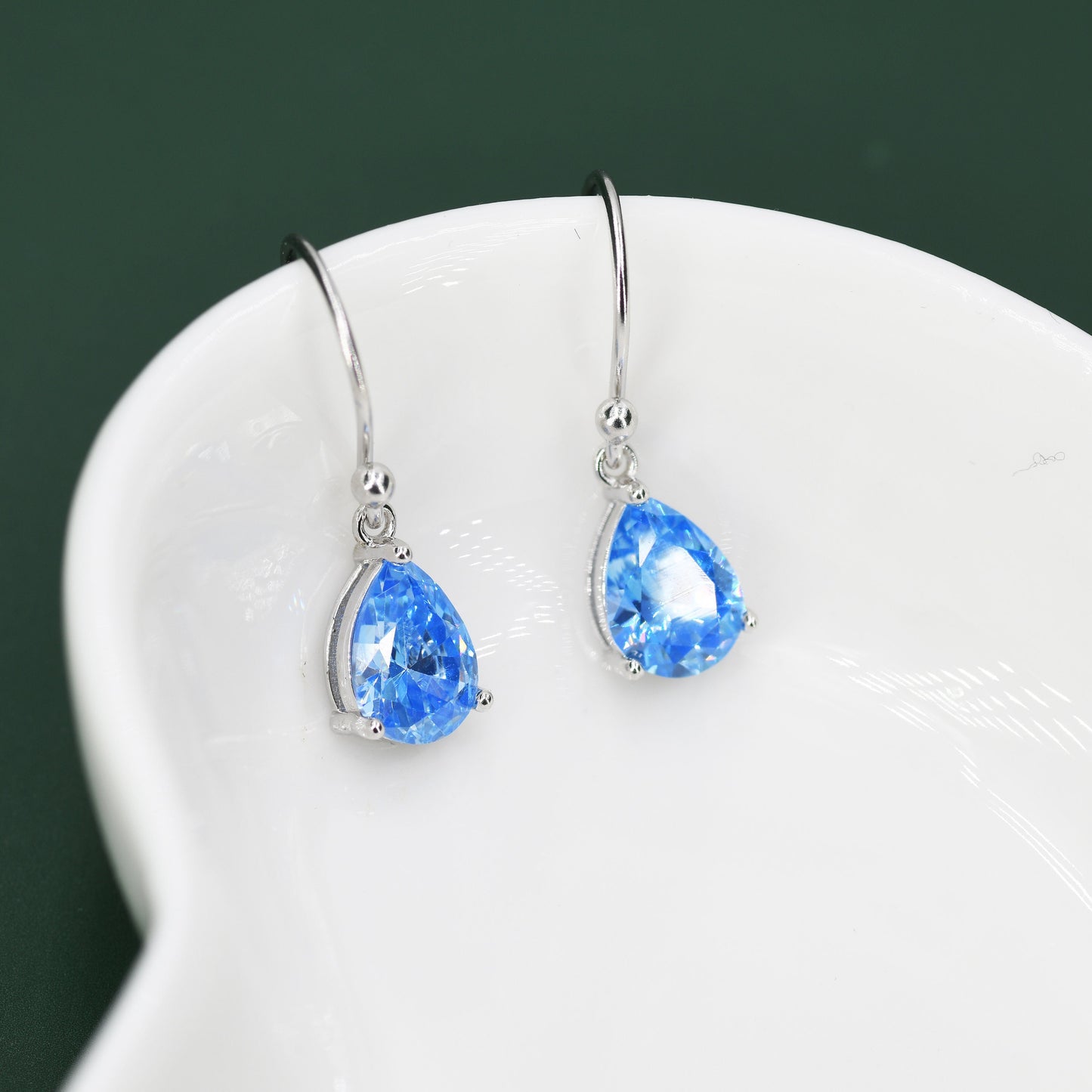 Sterling Silver Ocean Blue CZ Droplet Drop Earrings in Sterling Silver, Pear Shape 6x8mm Cubic Zirconia Hook Earrings