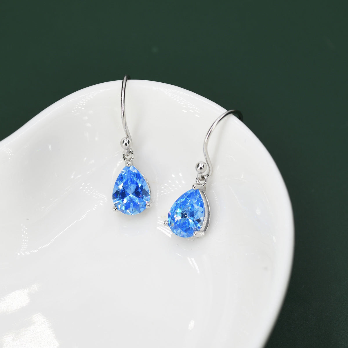 Sterling Silver Ocean Blue CZ Droplet Drop Earrings in Sterling Silver, Silver or Gold,Pear Shape 6x8mm Cubic Zirconia Hook Earrings