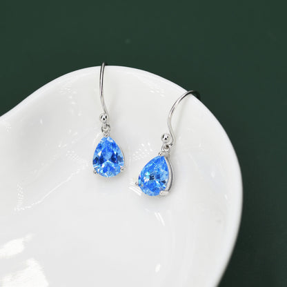 Sterling Silver Ocean Blue CZ Droplet Drop Earrings in Sterling Silver, Pear Shape 6x8mm Cubic Zirconia Hook Earrings