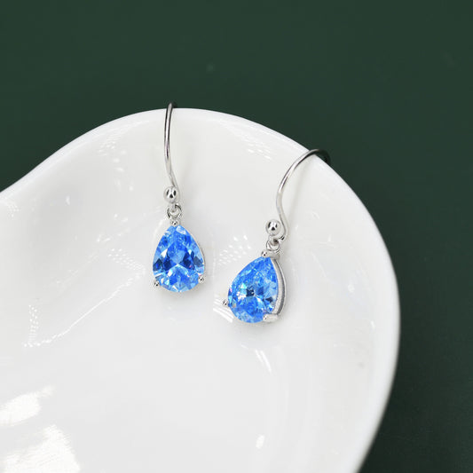 Sterling Silver Ocean Blue CZ Droplet Drop Earrings in Sterling Silver, Pear Shape 6x8mm Cubic Zirconia Hook Earrings