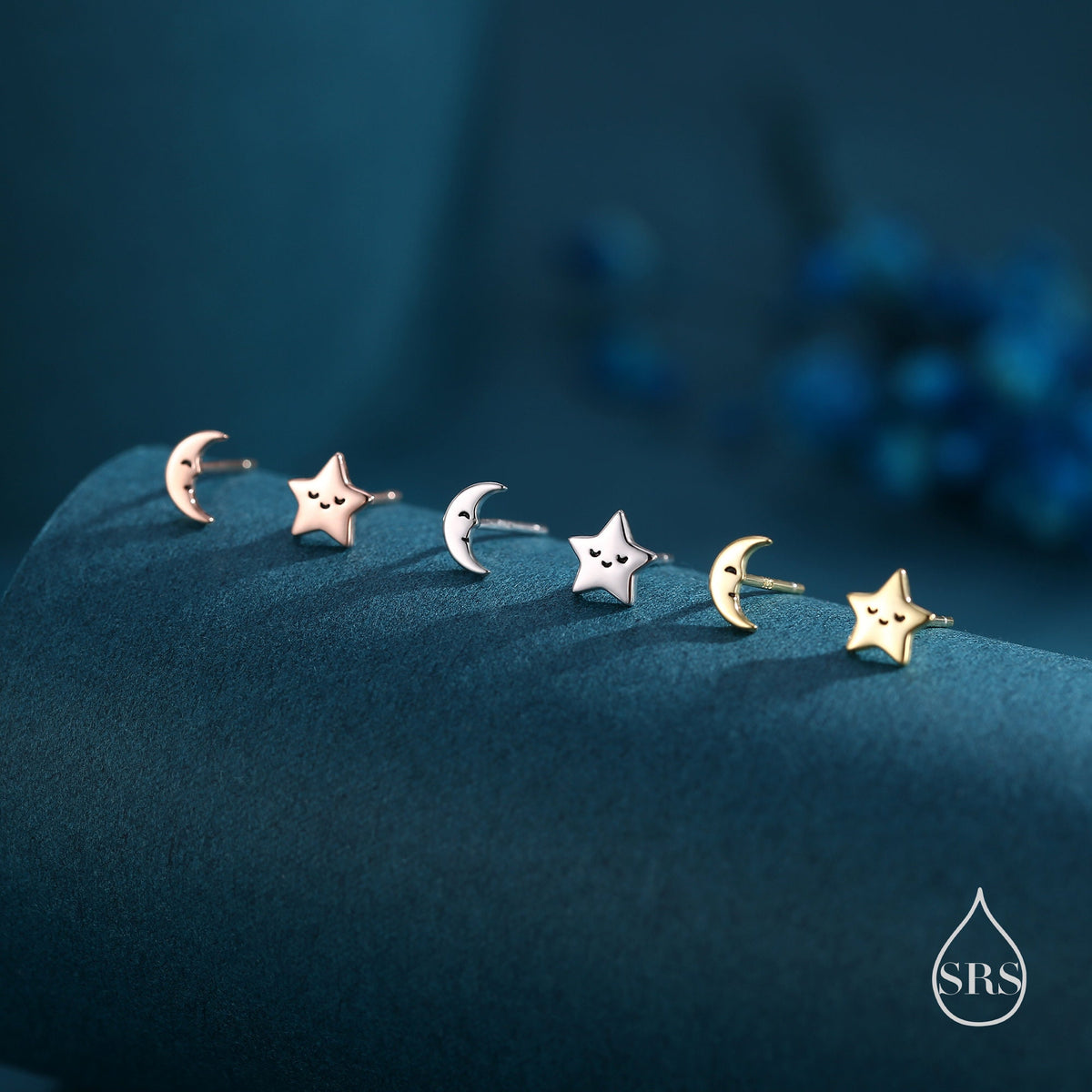 Mismatched Cute Star and Moon Stud Earrings in Sterling Silver, Silver or Gold or Rose Gold, Asymmetric Star and Crescent Moon Earrings