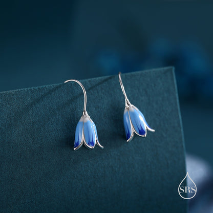 Sterling Silver Enamel Bluebell Flower Drop Hook Earrings, Dainty Dangle Bluebell Flower Earrings, Snowdrop Earrings, Spring Flowers