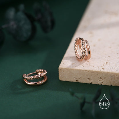 Single Piercing Double Hoop Effect Earrings in Sterling Silver with Braided Details, Rope Hoop Earrings, Silver, Gold, Rose Gold