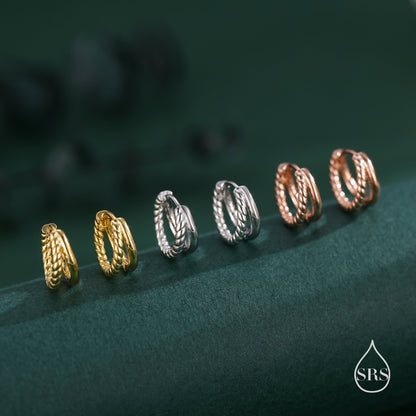 Single Piercing Double Hoop Effect Earrings in Sterling Silver with Braided Details, Rope Hoop Earrings, Silver, Gold, Rose Gold