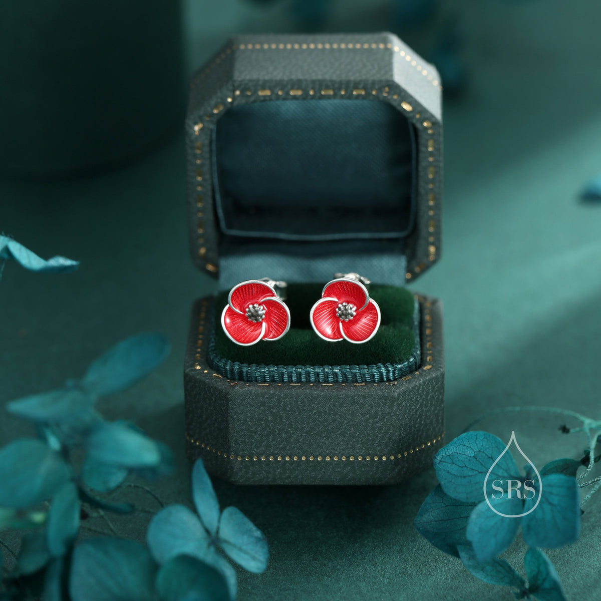 Poppy Flower Stud Earrings in Sterling Silver- Enamel Poppy Earrings - Flower Earrings - Blossom Earrings, August Birthflower