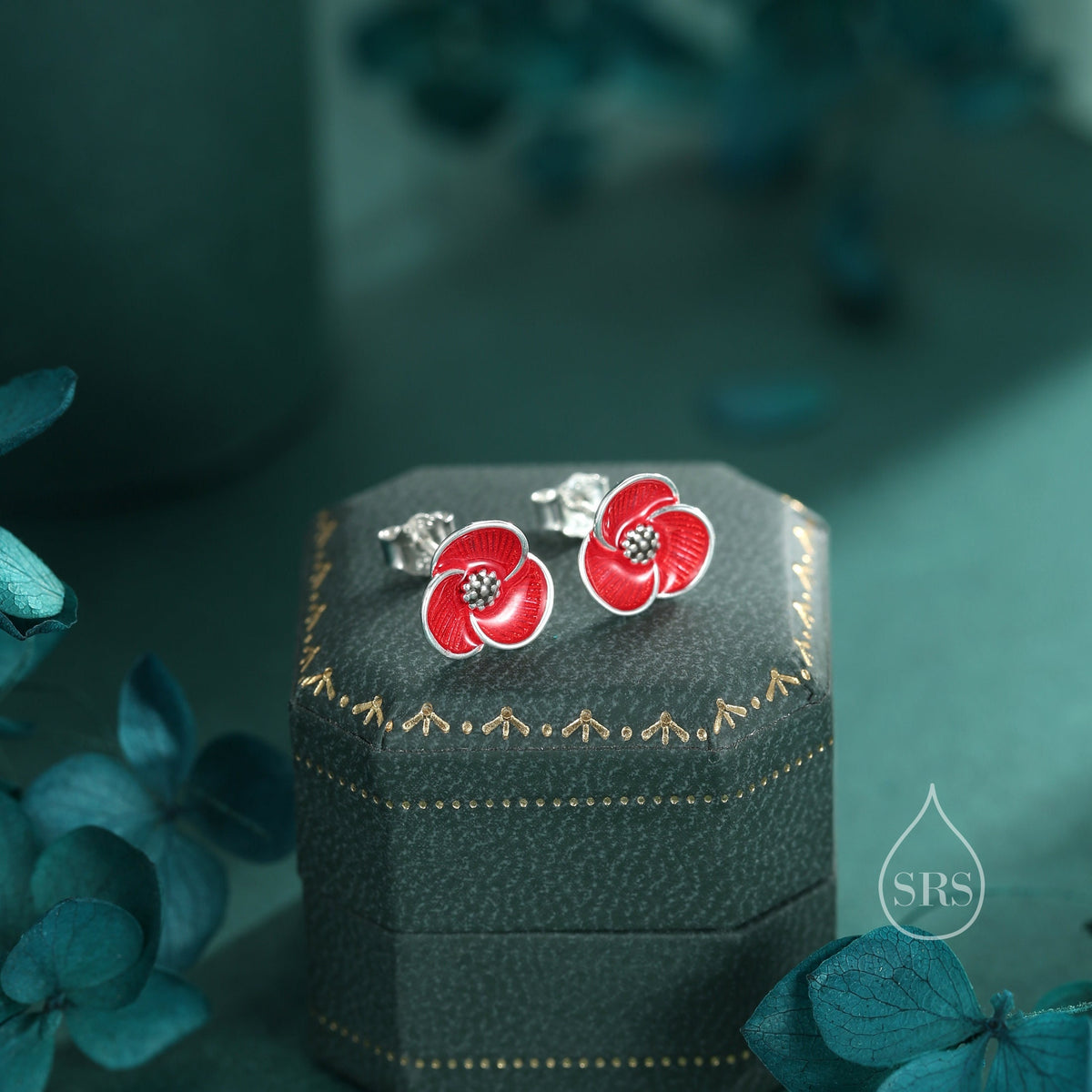 Poppy Flower Stud Earrings in Sterling Silver- Enamel Poppy Earrings - Flower Earrings - Blossom Earrings, August Birthflower