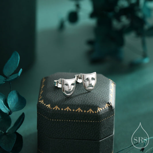 Theatre Mask Stud Earrings in Sterling Silver, Silver or Gold or Rose Gold, Asymmetric Comedy Tragedy Earrings, Mismatched Mask Earrings