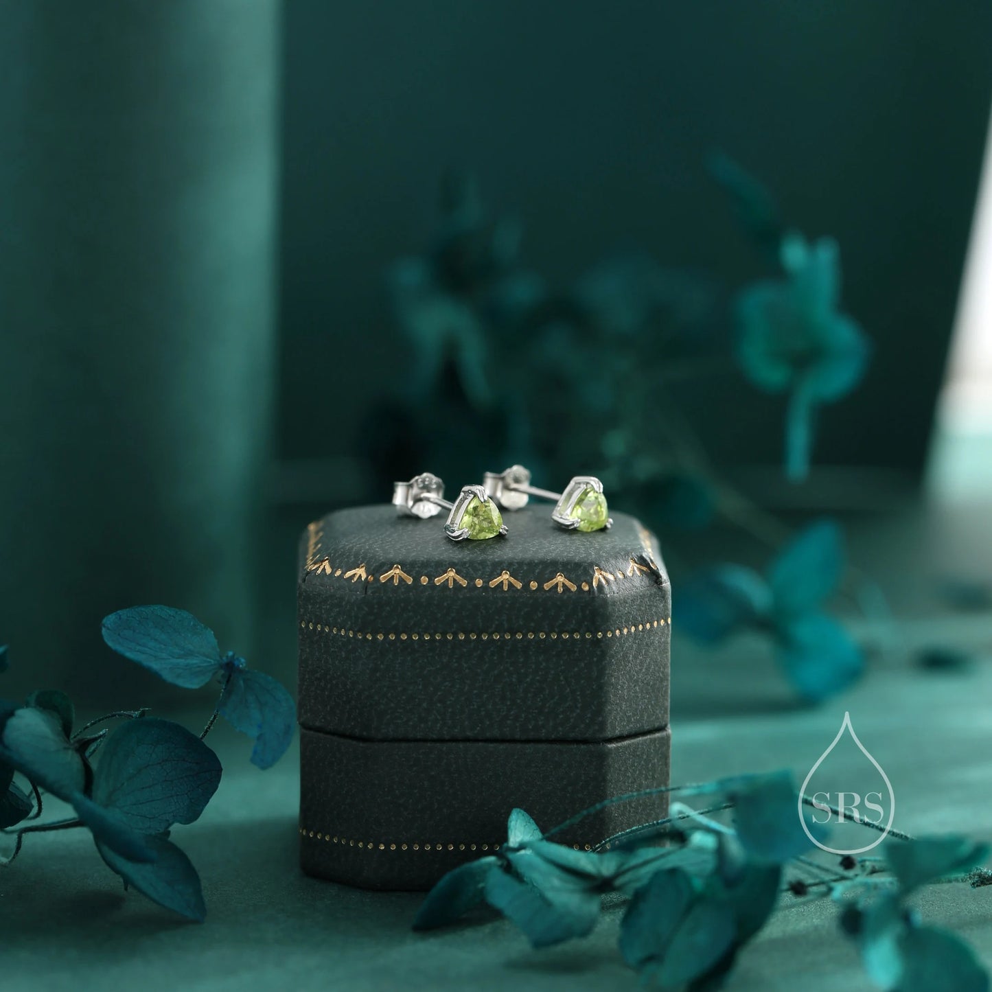 Genuine Peridot Stud Earrings in Sterling Silver, Silver or Gold, Trillion Cut Natural Green Peridot Earrings, Double Pronged