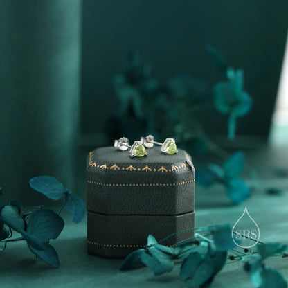 Genuine Peridot Stud Earrings in Sterling Silver, Silver or Gold, Trillion Cut Natural Green Peridot Earrings, Double Pronged