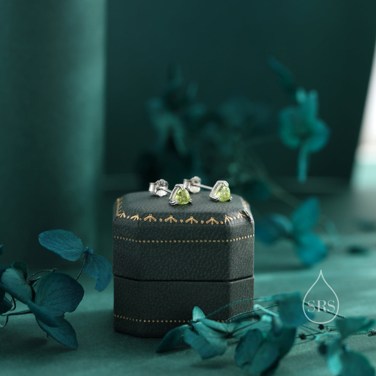 Genuine Peridot Stud Earrings in Sterling Silver, Silver or Gold, Trillion Cut Natural Green Peridot Earrings, Double Pronged