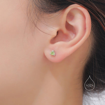 Genuine Peridot Stud Earrings in Sterling Silver, Silver or Gold, Trillion Cut Natural Green Peridot Earrings, Double Pronged