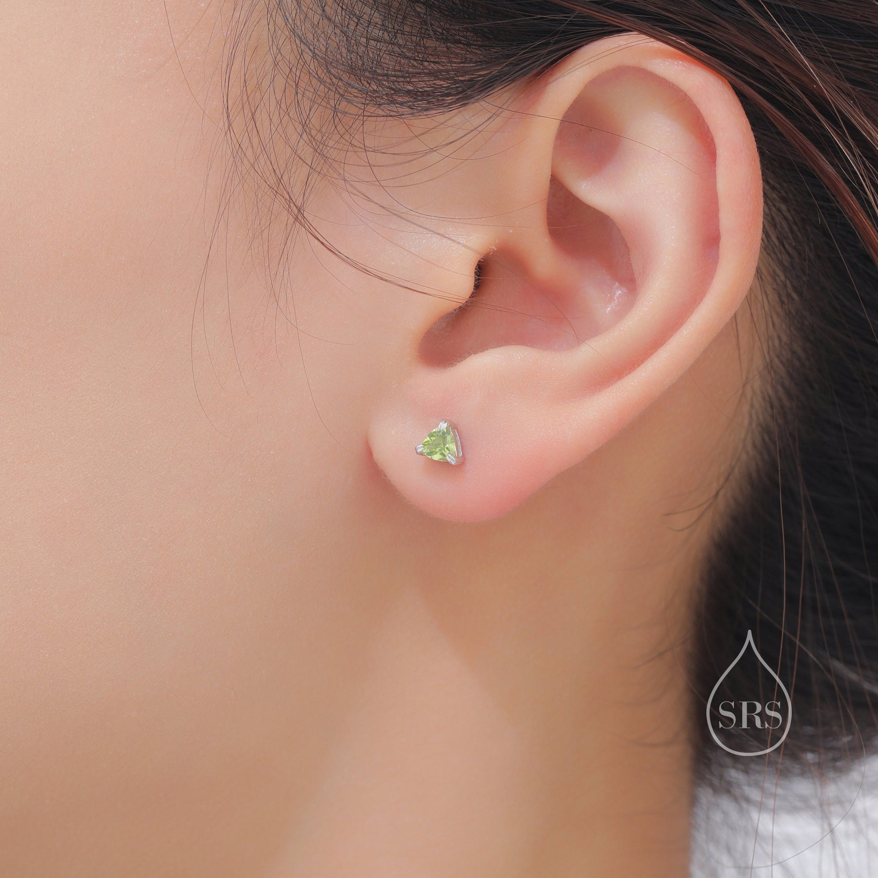 Genuine Peridot Stud Earrings in Sterling Silver, Silver or Gold, Trillion Cut Natural Green Peridot Earrings, Double Pronged