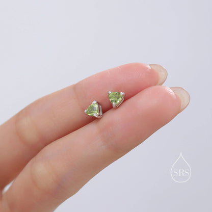 Genuine Peridot Stud Earrings in Sterling Silver, Silver or Gold, Trillion Cut Natural Green Peridot Earrings, Double Pronged
