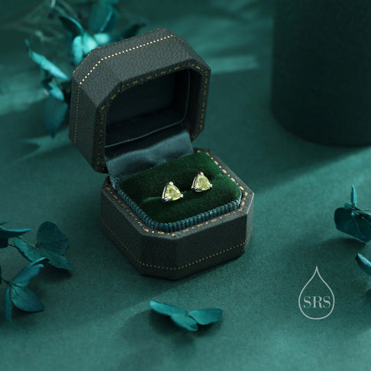 Genuine Peridot Stud Earrings in Sterling Silver, Silver or Gold, Trillion Cut Natural Green Peridot Earrings, Double Pronged