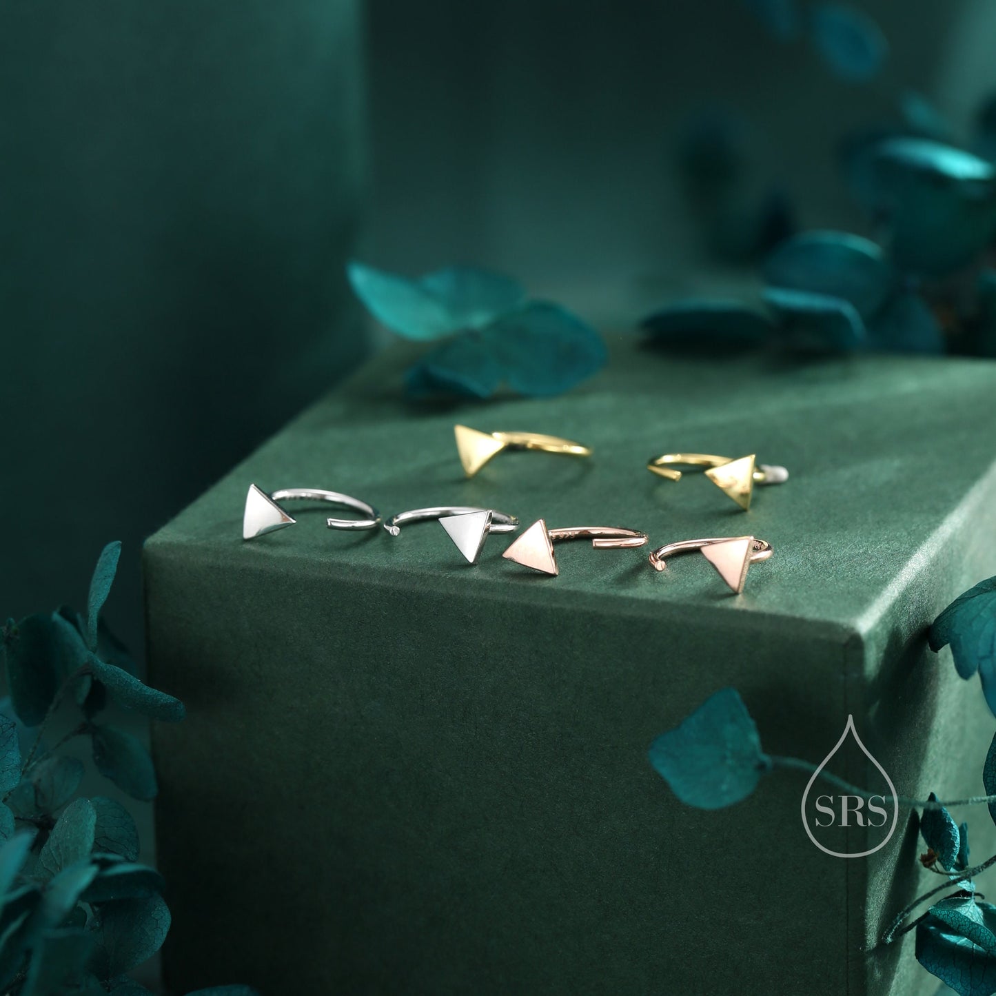 Tiny Triangle Huggie Hoop Earrings in Sterling Silver, Open Hoop Pull-Through Threader Earrings, Half Hoop Earrings, Silver, Gold, Rose Gold