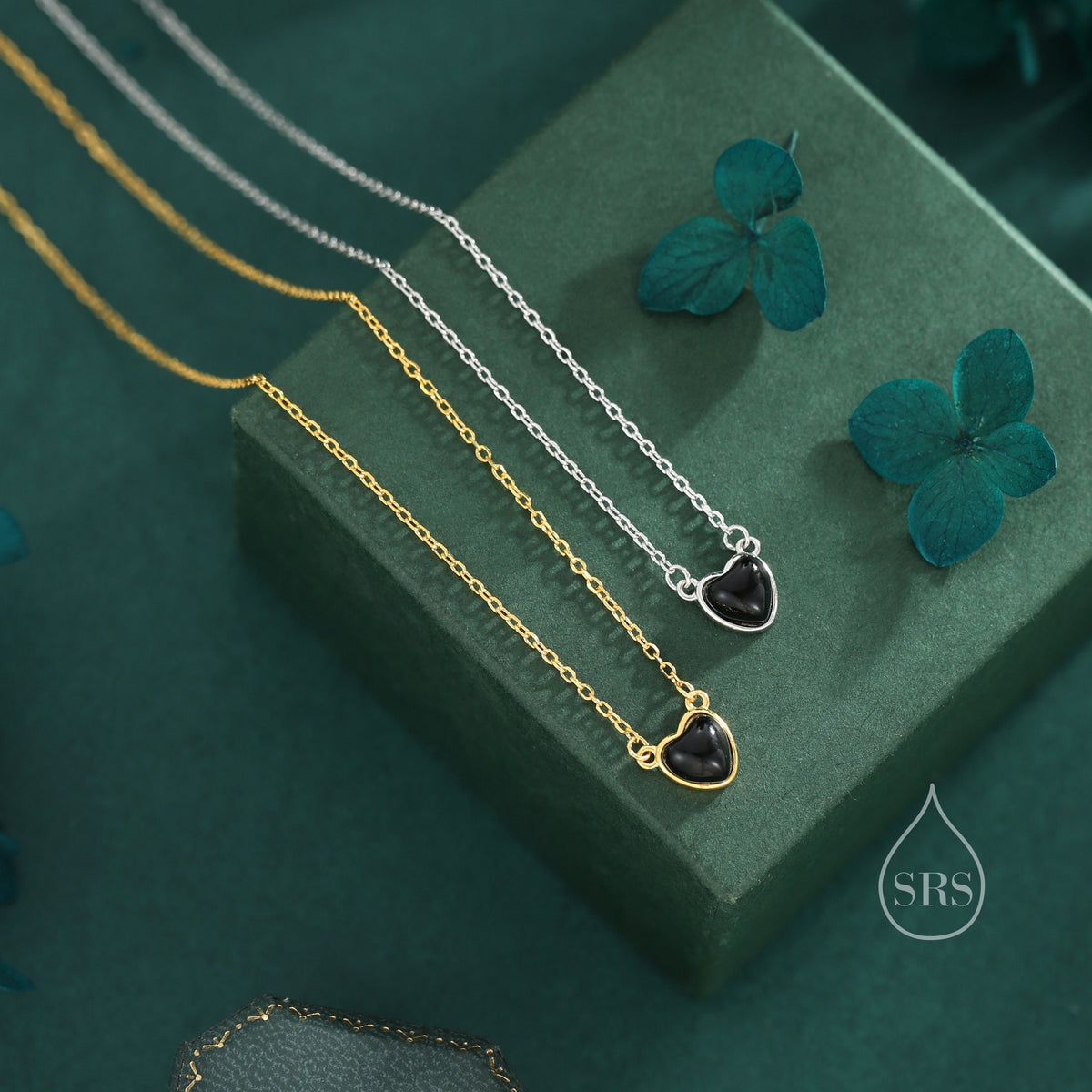 Genuine Black Onyx Heart Pendant Necklace in Sterling Silver, Silver or Gold, Natural Black Onyx Necklace