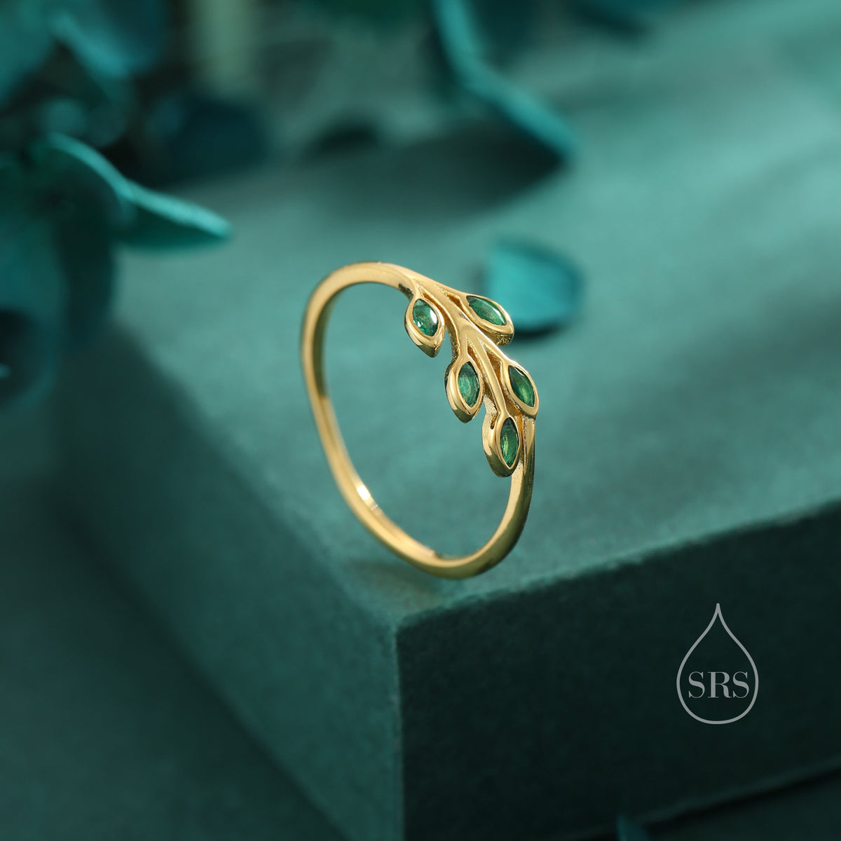 Sterling Silver Green CZ Leaf Ring, Small Olive Leaf Ring, Nature Inspired Leaf Ring, Green Leaf Ring