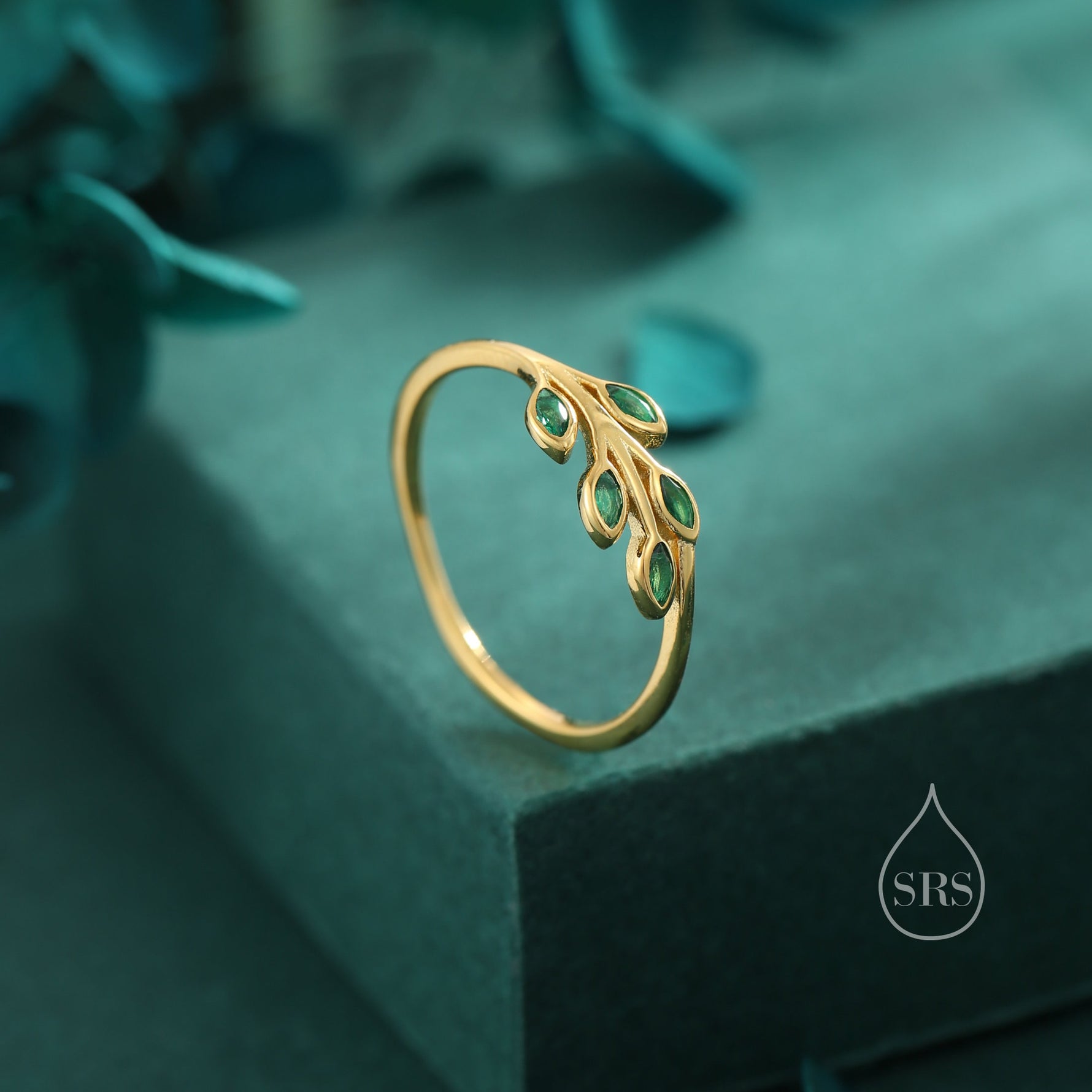 Sterling Silver Green CZ Leaf Ring, Small Olive Leaf Ring, Nature Inspired Leaf Ring, Green Leaf Ring
