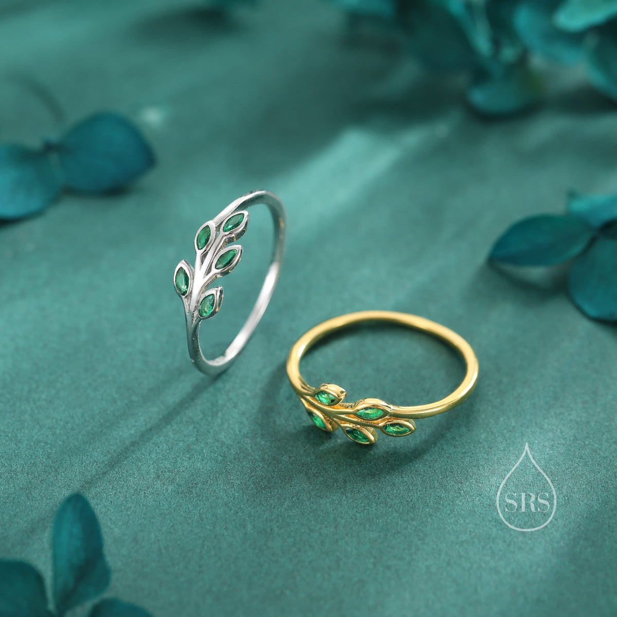 Sterling Silver Green CZ Leaf Ring, Small Olive Leaf Ring, Nature Inspired Leaf Ring, Green Leaf Ring