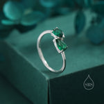 Toi et Moi Pear Cut Emerald Green CZ Open Ring in Sterling Silver, Adjustable Size, Green Cubic Zirconia Double Stone Ring, Pear Cut Ring