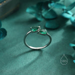 Toi et Moi Pear Cut Emerald Green CZ Open Ring in Sterling Silver, Adjustable Size, Green Cubic Zirconia Double Stone Ring, Pear Cut Ring