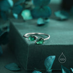 Toi et Moi Pear Cut Emerald Green CZ Open Ring in Sterling Silver, Adjustable Size, Green Cubic Zirconia Double Stone Ring, Pear Cut Ring