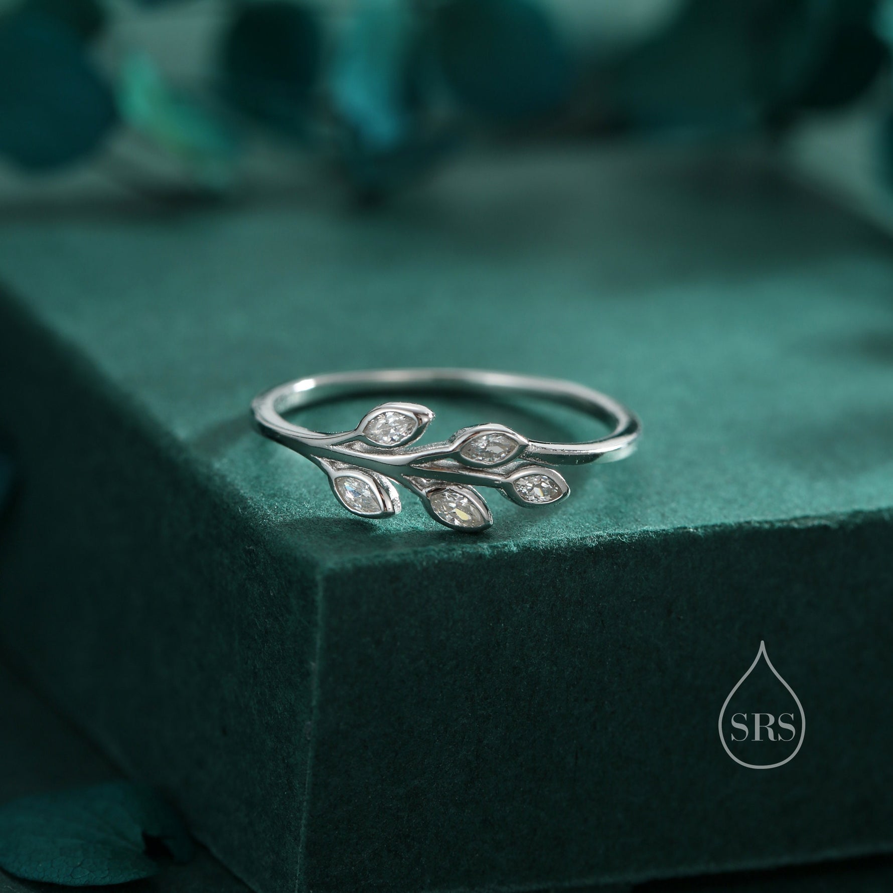 Sterling Silver CZ Leaf Ring, Adjustable Size, Small Olive Leaf Ring, Nature Inspired Leaf Ring, Clear Leaf Ring