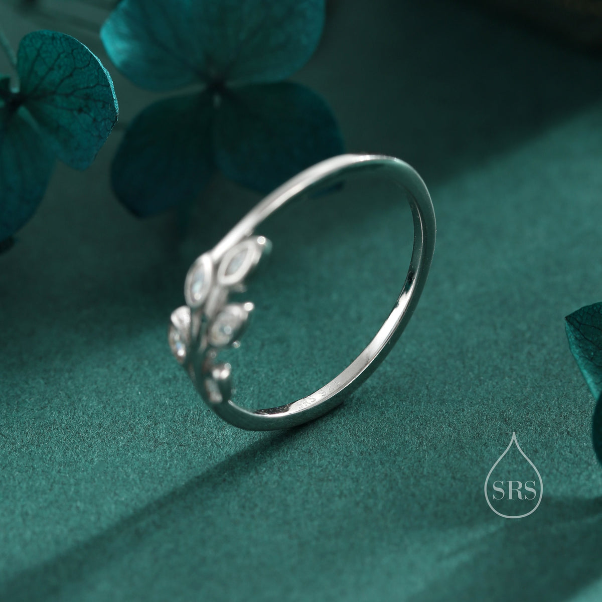Sterling Silver CZ Leaf Ring, Adjustable Size, Small Olive Leaf Ring, Nature Inspired Leaf Ring, Clear Leaf Ring
